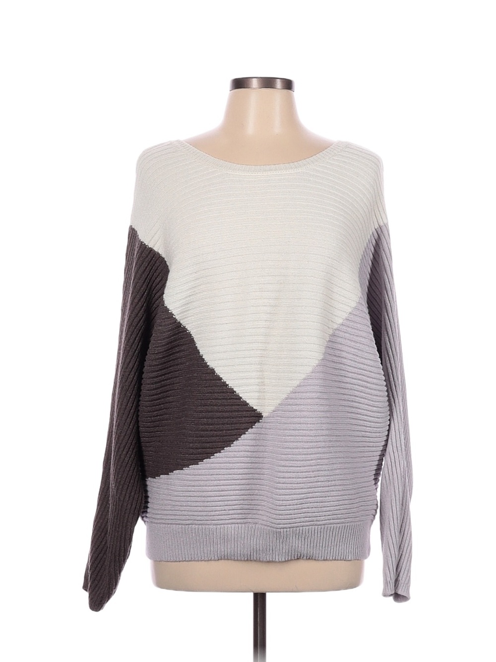 Express Colorblock Ribbed Crewneck Sweater - Ivory, Gray, Charcoal